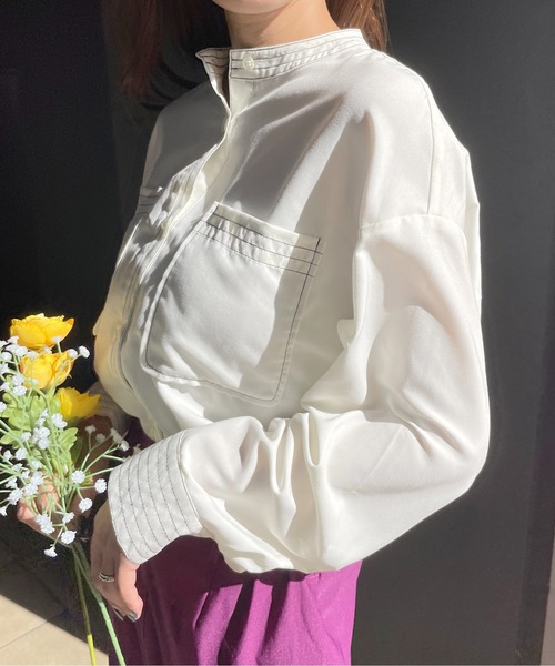 StyleSea（スタイルシー）の「スタンドカラーステッチブラウス（シャツ/ブラウス・レディース・ライトグレー/ブラック/オフホワイト/ピンク・MEDIUM）」の10枚目の写真