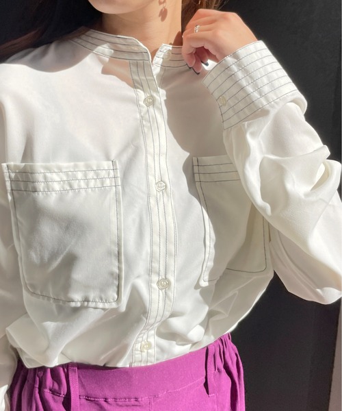 StyleSea（スタイルシー）の「スタンドカラーステッチブラウス（シャツ/ブラウス・レディース・ライトグレー/ブラック/オフホワイト/ピンク・MEDIUM）」の18枚目の写真