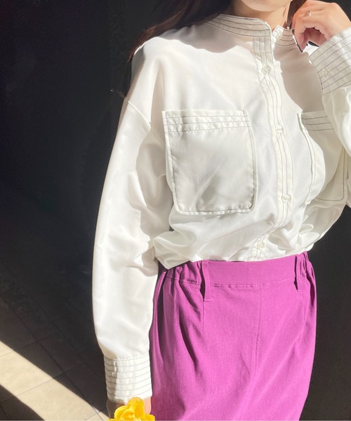 StyleSea（スタイルシー）の「スタンドカラーステッチブラウス（シャツ/ブラウス・レディース・ライトグレー/ブラック/オフホワイト/ピンク・MEDIUM）」の22枚目の写真