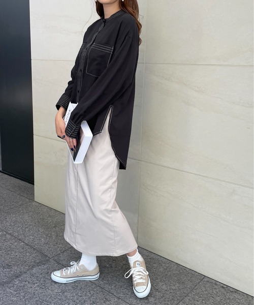 StyleSea（スタイルシー）の「スタンドカラーステッチブラウス（シャツ/ブラウス・レディース・ライトグレー/ブラック/オフホワイト/ピンク・MEDIUM）」の7枚目の写真