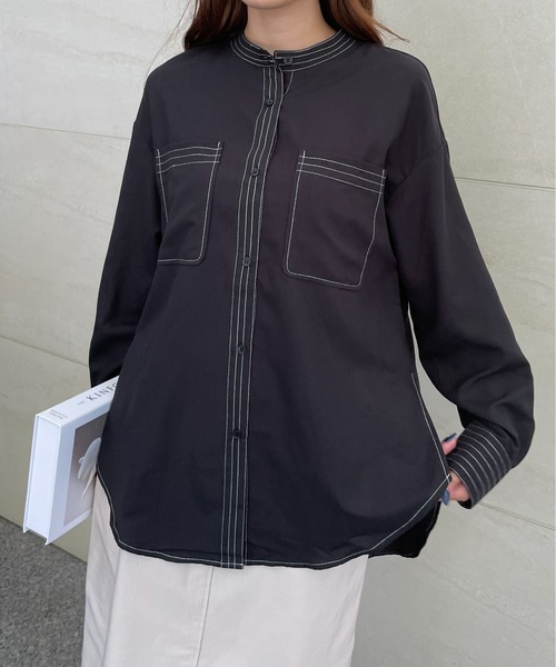 StyleSea（スタイルシー）の「スタンドカラーステッチブラウス（シャツ/ブラウス・レディース・ライトグレー/ブラック/オフホワイト/ピンク・MEDIUM）」の16枚目の写真