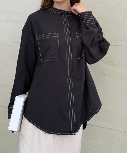 StyleSea（スタイルシー）の「スタンドカラーステッチブラウス（シャツ/ブラウス・レディース・ライトグレー/ブラック/オフホワイト/ピンク・MEDIUM）」の8枚目の写真