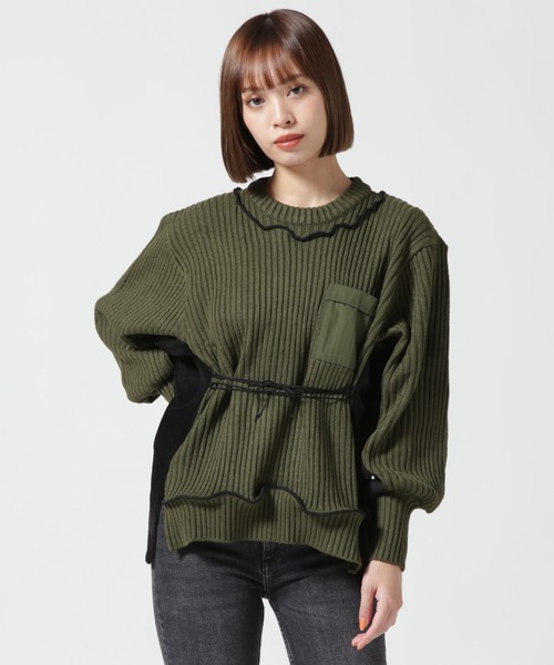 RehersalL（リハーズオール）の「rehersall/リハーズオール/コマンドレースアップパフスリーブ（ニット/セーター・レディース・カーキ/ブラック・F）」の2枚目の写真