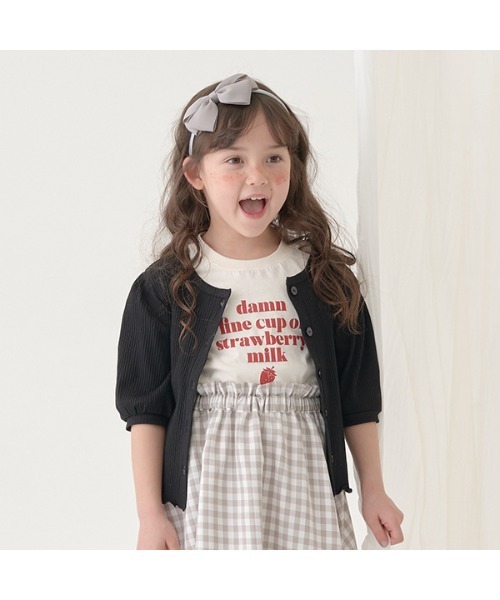 Lycee mine（リセマイン）の「裾メローパフ7分袖2WAYカーディガン（カーディガン/ボレロ・キッズ・アイボリー/サックスブルー系/ミント/ライトピンク/ブラック・130cm/140cm/110cm/120cm/150cm）」の2枚目の写真