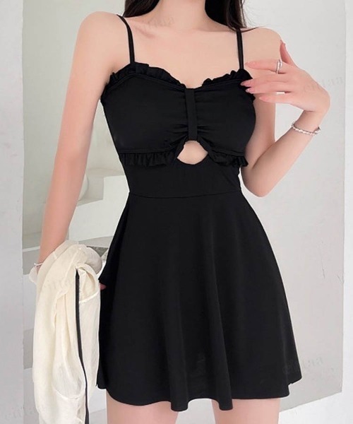 Dalfwin（ダールフィン）の「2点セットボレロラッシュガード付きフリルワンピース水着（水着・レディース・ブラック/グリーン・FREE）」の6枚目の写真