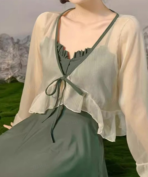 Dalfwin（ダールフィン）の「2点セットボレロラッシュガード付きフリルワンピース水着（水着・レディース・ブラック/グリーン・FREE）」の22枚目の写真