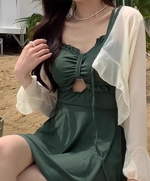 Dalfwin（ダールフィン）の「2点セットボレロラッシュガード付きフリルワンピース水着（水着・レディース・ブラック/グリーン・FREE）」の17枚目の写真