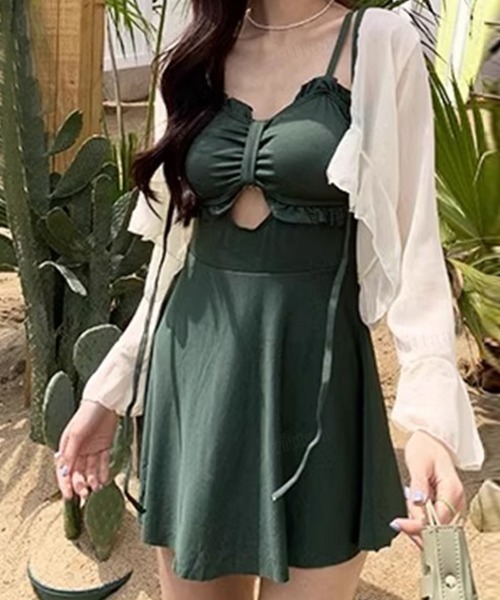 Dalfwin（ダールフィン）の「2点セットボレロラッシュガード付きフリルワンピース水着（水着・レディース・ブラック/グリーン・FREE）」の18枚目の写真