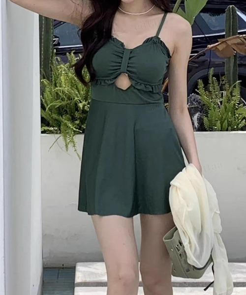 Dalfwin（ダールフィン）の「2点セットボレロラッシュガード付きフリルワンピース水着（水着・レディース・ブラック/グリーン・FREE）」の14枚目の写真