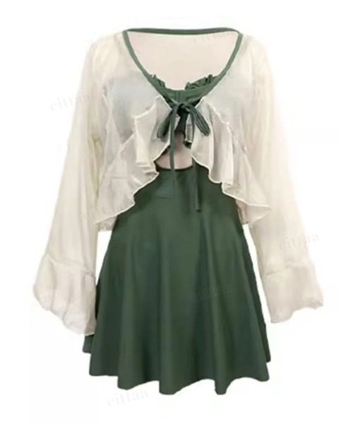 Dalfwin（ダールフィン）の「2点セットボレロラッシュガード付きフリルワンピース水着（水着・レディース・ブラック/グリーン・FREE）」の11枚目の写真