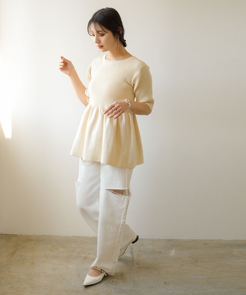 リブペプラムニットトップス（ニット/セーター）｜rectangle