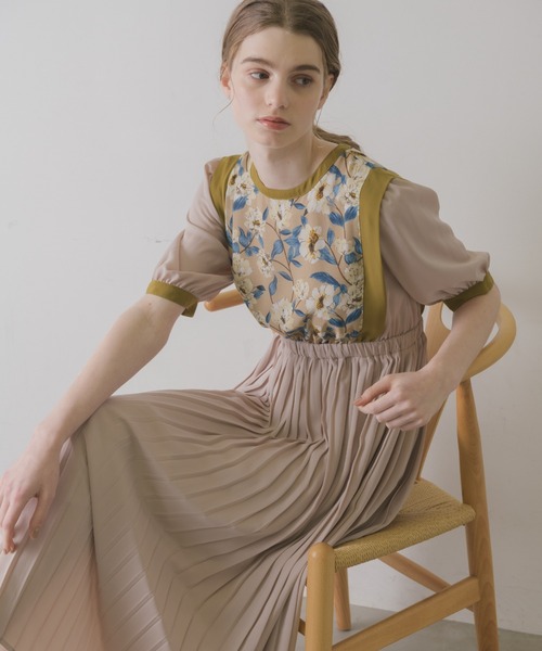 idem（イデム）の「flower vest docking onepiece/花柄ベスト切替半袖ワンピース（ワンピース・レディース・マスタード/ベージュ・FREE）」の4枚目の写真