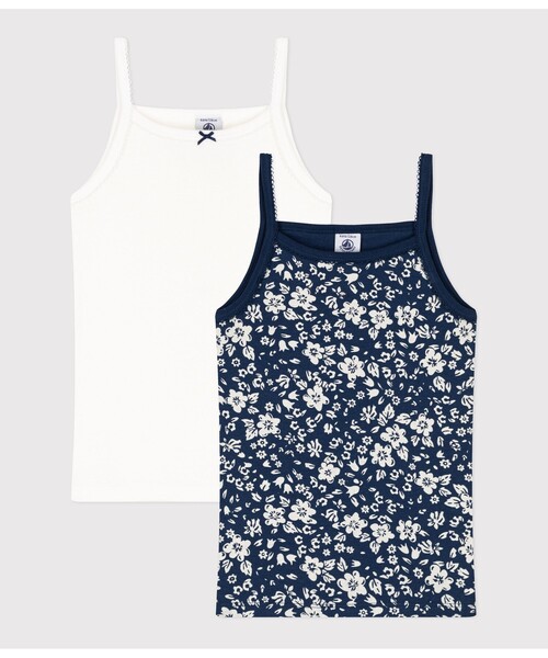 PETIT BATEAU(プチバトー)の「キャミソール2枚組(インナーウェア/肌着・キッズ・ホワイト×ブルー・8YEAR/10YEAR/6YEAR/12YEAR)」の1枚目の写真