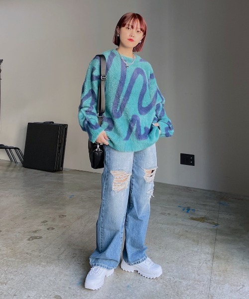 PAGEBOY(ページボーイ)の「ペイントアートシャギープルオーバー(ニット/セーター・レディース・オフホワイト/ターコイズブルー/ブラック・FREE)」の15枚目の写真