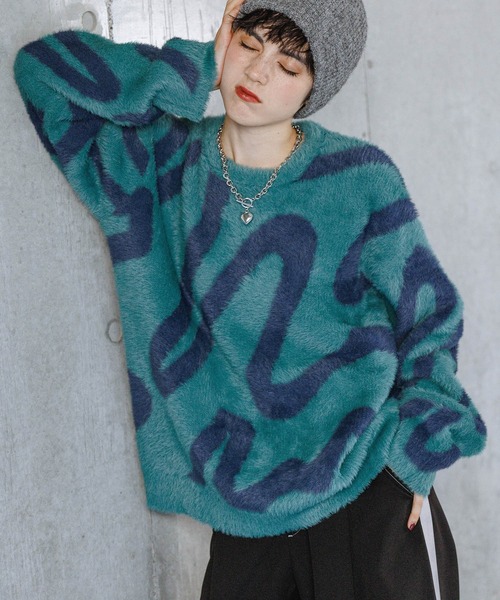 PAGEBOY(ページボーイ)の「ペイントアートシャギープルオーバー(ニット/セーター・レディース・オフホワイト/ターコイズブルー/ブラック・FREE)」の20枚目の写真