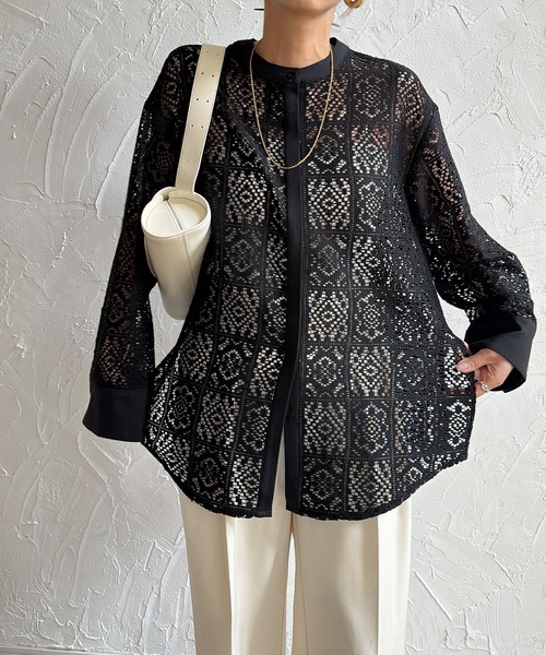 セール】ノーカラーレースシャツ（シャツ/ブラウス）｜JUNOAH