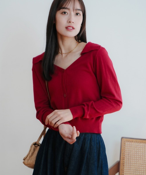 LIENCOEUR（リアンクール）の「ショートポロニットカーデ（カーディガン/ボレロ・レディース・ブラック/レッド/アイボリー/ライトブルー/ベージュ・FREE）」の5枚目の写真