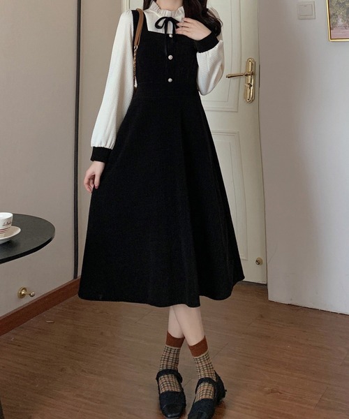 SHEPP(シープ)の「ベロアフリルネック リボンワンピース(ワンピース・レディース・ブラック・S/M/L)」の2枚目の写真