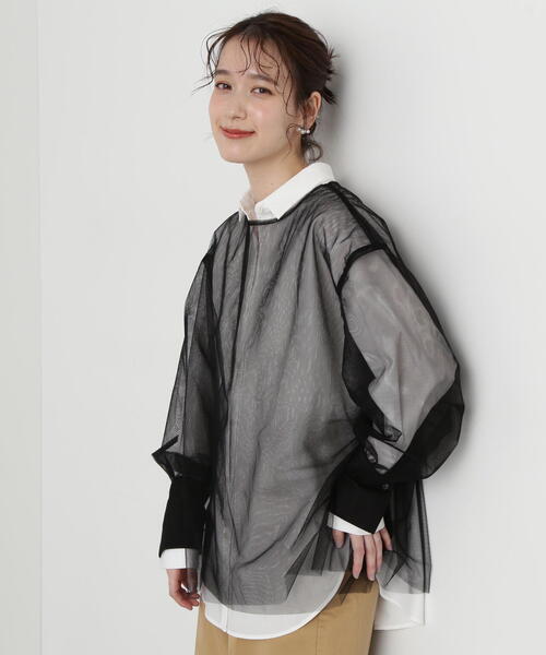 N.（N. Natural Beauty Basic）（エヌエヌナチュラルビューティーベーシック）の「◆ダブルチュールブラウス（シャツ/ブラウス・レディース・オフホワイト/ブラック・MEDIUM）」の4枚目の写真