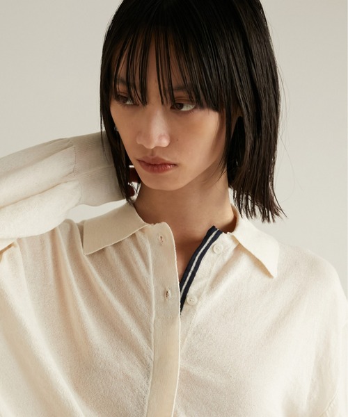 LA PEAU DE GEM（ラポドゥジェム）の「【LA PEAU DE GEM】ラインポロシャツ（ニット/セーター・レディース・ブラウン/ホワイト・FREE）」の2枚目の写真