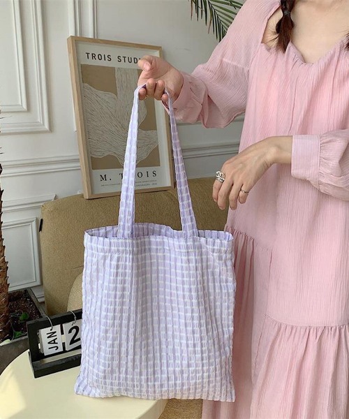 Mignonjour(ミニョンジュール)の「Mignonjour/チェック柄トートバッグ M2306(トートバッグ・レディース・ピンク/イエロー/パープル/ブラック/グリーン・FREE)」の4枚目の写真