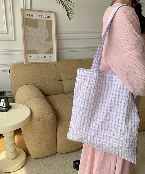Mignonjour(ミニョンジュール)の「Mignonjour/チェック柄トートバッグ M2306(トートバッグ・レディース・ピンク/イエロー/パープル/ブラック/グリーン・FREE)」の10枚目の写真