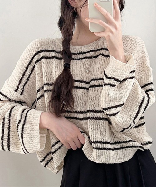 Miniministore(ミニミニストア)の「透かし編み ニットトップス ボーダー夏服(ニット/セーター・レディース・ブルー/ベージュ/モカ/ホワイト・FREE)」の3枚目の写真