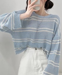 透かし編み ニットトップス ボーダー夏服