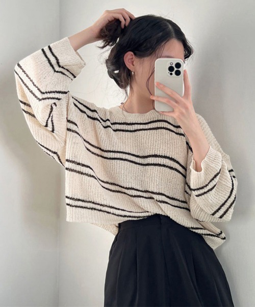 Miniministore(ミニミニストア)の「透かし編み ニットトップス ボーダー夏服(ニット/セーター・レディース・ブルー/ベージュ/モカ/ホワイト・FREE)」の18枚目の写真