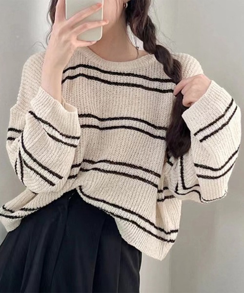 Miniministore(ミニミニストア)の「透かし編み ニットトップス ボーダー夏服(ニット/セーター・レディース・ブルー/ベージュ/モカ/ホワイト・FREE)」の19枚目の写真