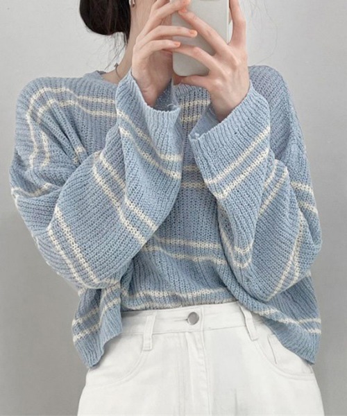 Miniministore(ミニミニストア)の「透かし編み ニットトップス ボーダー夏服(ニット/セーター・レディース・ブルー/ベージュ/モカ/ホワイト・FREE)」の10枚目の写真