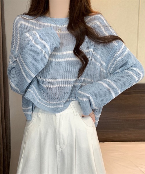 Miniministore(ミニミニストア)の「透かし編み ニットトップス ボーダー夏服(ニット/セーター・レディース・ブルー/ベージュ/モカ/ホワイト・FREE)」の11枚目の写真