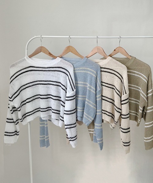 Miniministore(ミニミニストア)の「透かし編み ニットトップス ボーダー夏服(ニット/セーター・レディース・ブルー/ベージュ/モカ/ホワイト・FREE)」の13枚目の写真