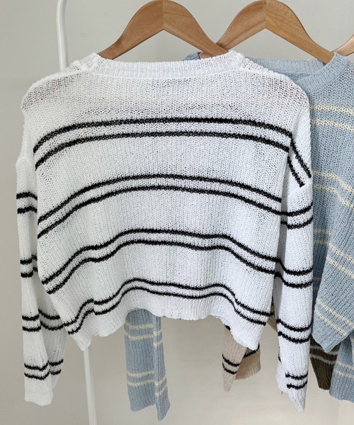 Miniministore(ミニミニストア)の「透かし編み ニットトップス ボーダー夏服(ニット/セーター・レディース・ブルー/ベージュ/モカ/ホワイト・FREE)」の14枚目の写真