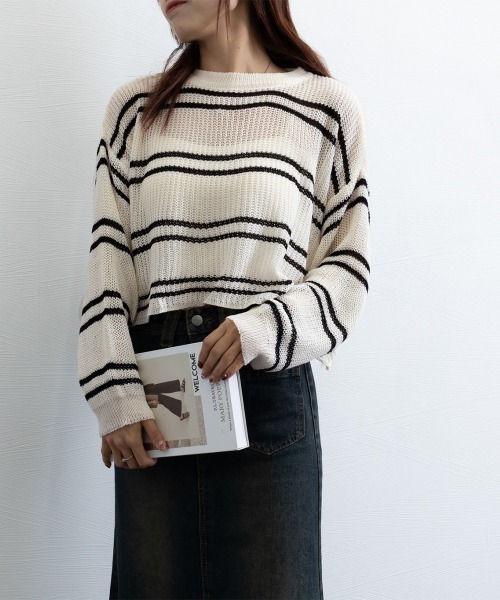 Miniministore(ミニミニストア)の「透かし編み ニットトップス ボーダー夏服(ニット/セーター・レディース・ブルー/ベージュ/モカ/ホワイト・FREE)」の15枚目の写真