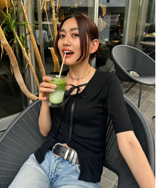 tシャツ バレエリボンノースリーブ レディース セール】【 3color 】リボンプリントバレエコアビッグTシャツ