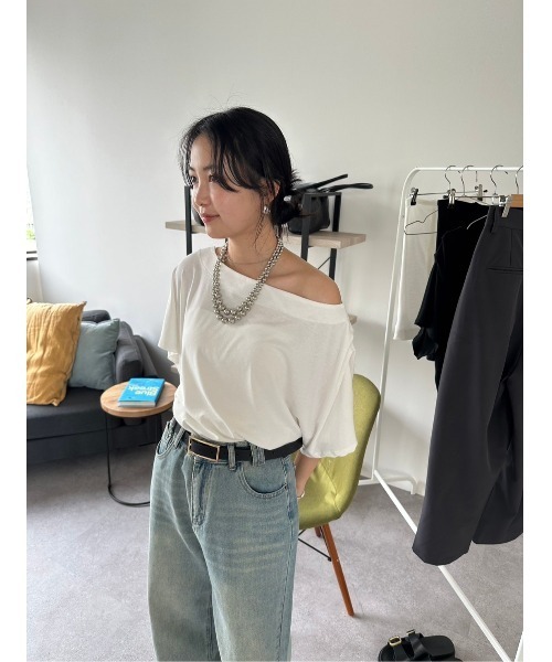 HANNE(アン)の「ビスチェセットワンショルダーTEE(Tシャツ/カットソー・レディース・ホワイト/ブラック・FREE)」の3枚目の写真