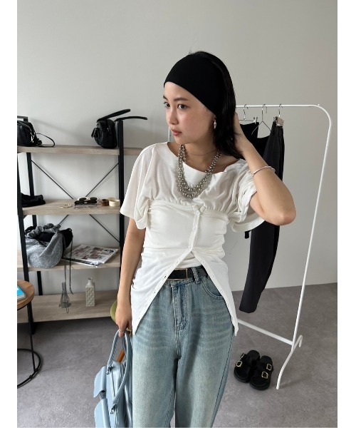 HANNE(アン)の「ビスチェセットワンショルダーTEE(Tシャツ/カットソー・レディース・ホワイト/ブラック・FREE)」の21枚目の写真