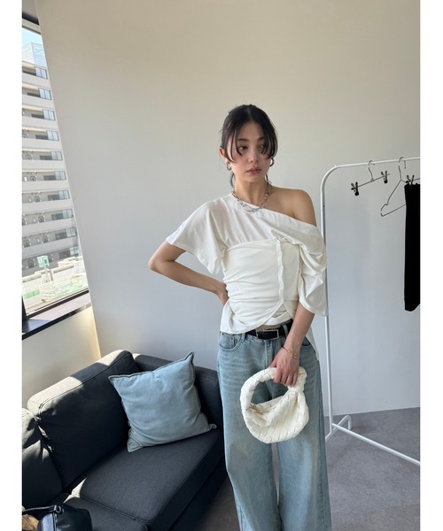 HANNE(アン)の「ビスチェセットワンショルダーTEE(Tシャツ/カットソー・レディース・ホワイト/ブラック・FREE)」の15枚目の写真