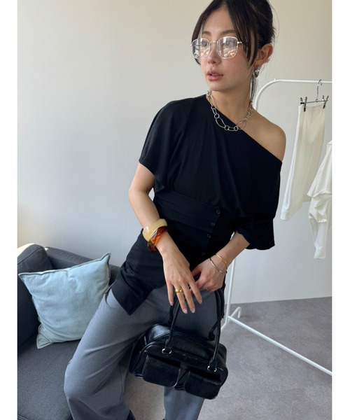 HANNE(アン)の「ビスチェセットワンショルダーTEE(Tシャツ/カットソー・レディース・ホワイト/ブラック・FREE)」の12枚目の写真
