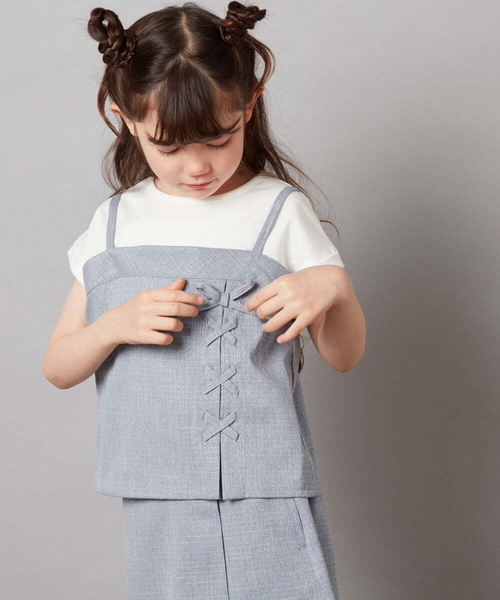 a.v.v（アーヴェヴェ）の「[100-130]【セットアップ対応】レースアップドッキングTシャツ（シャツ/ブラウス・キッズ・ダークインディゴブルー/ネイビー・100/110/120/130）」の3枚目の写真