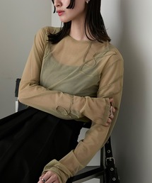 【forksy.】ニュアンス柄コード刺繍シアーロングTシャツ