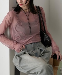 【forksy.】ニュアンス柄コード刺繍シアーロングTシャツ