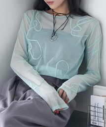 【forksy.】ニュアンス柄コード刺繍シアーロングTシャツ