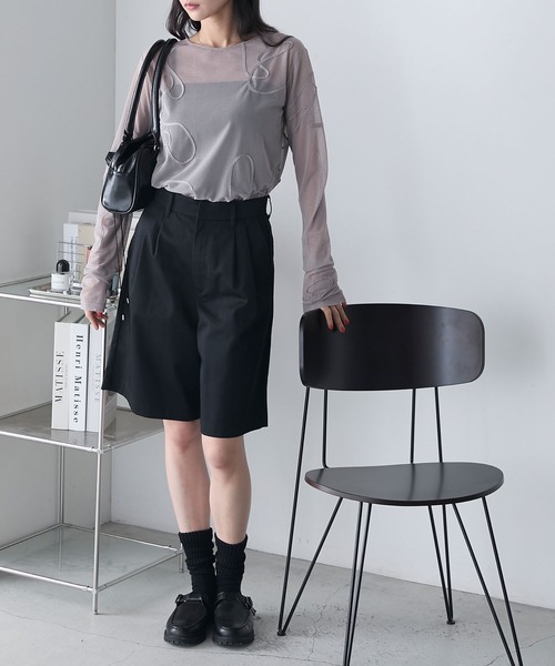 セール】【forksy.】ニュアンス柄コード刺繍シアーロングTシャツ