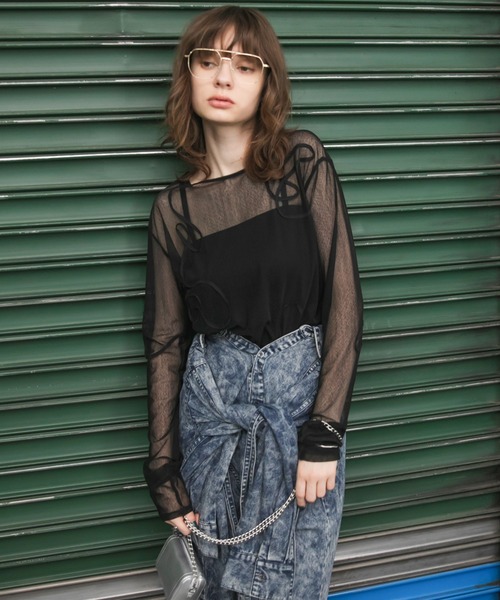 トップス TONTON forksy.】ニュアンス柄コード刺繍シアーロングTシャツ forksy