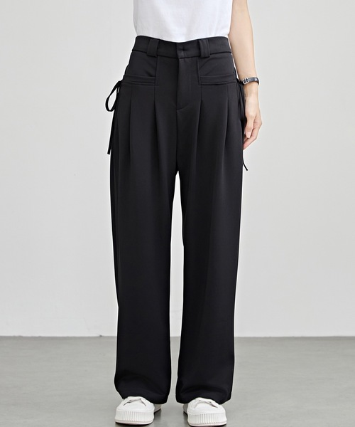 セール】リボン付き ハイウエスト タック イージー パンツ（スラックス
