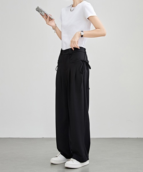 セール】リボン付き ハイウエスト タック イージー パンツ（スラックス