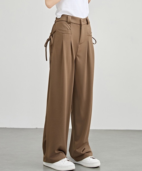 セール】リボン付き ハイウエスト タック イージー パンツ（スラックス