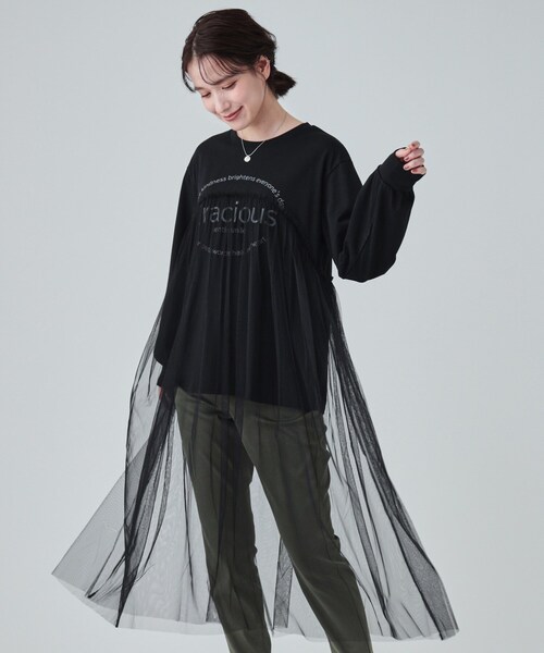 Cutie Blonde(キューティーブロンド)の「◆ふわっと揺れる チュールレイヤードトップス(Tシャツ/カットソー・レディース・ブラック/グレー・01/02/03/04)」の2枚目の写真